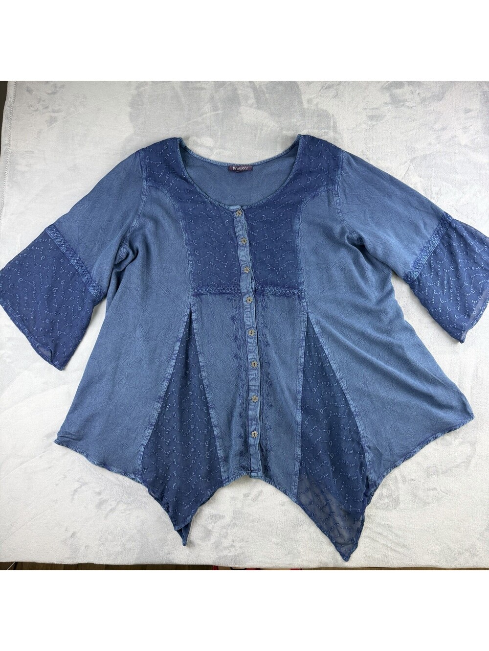 Roaman’s 28W Blue Embroidered Button Front Tunic Top Handkerchief Hem